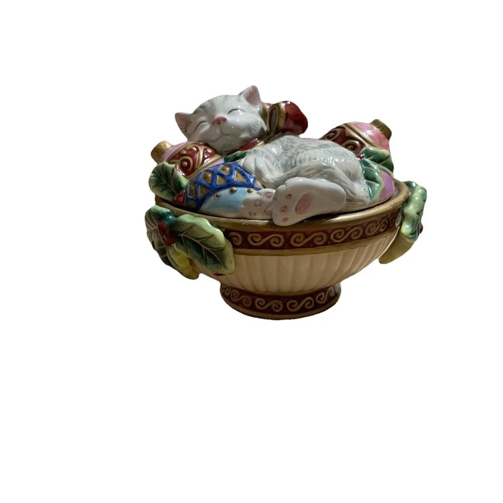 FITZ and FLOYD Christmas Sleeping Cat Kitten Hand-Painted 6